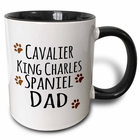 Cavalier Spaniel Embroidery - 3dRose Cavalier King Charles Spaniel Dog Dad - Doggie by breed - brown muddy paw prints - doggy lover owner - Two Tone Black Mug, 11-ounce