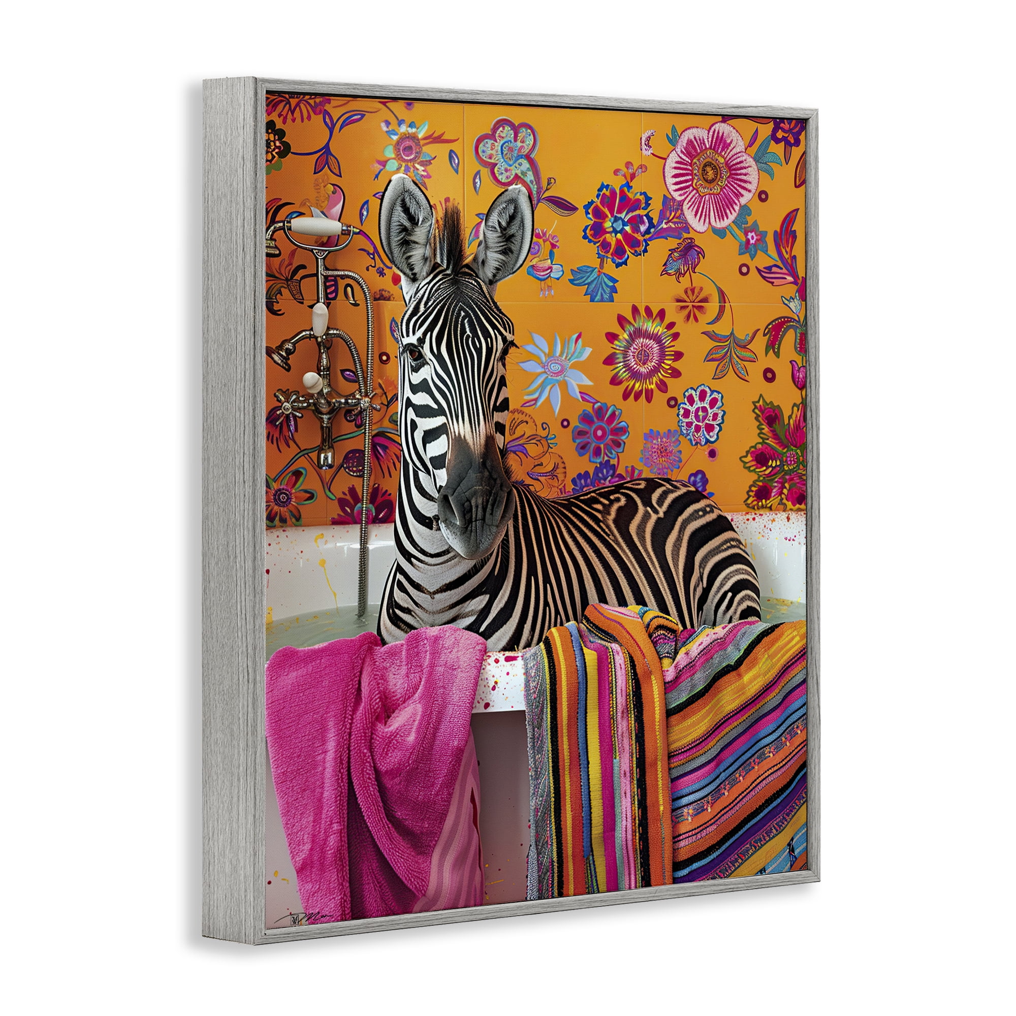 Zebra Bath with Colorful Towel Gray Framed Giclee Art, design by Momart
