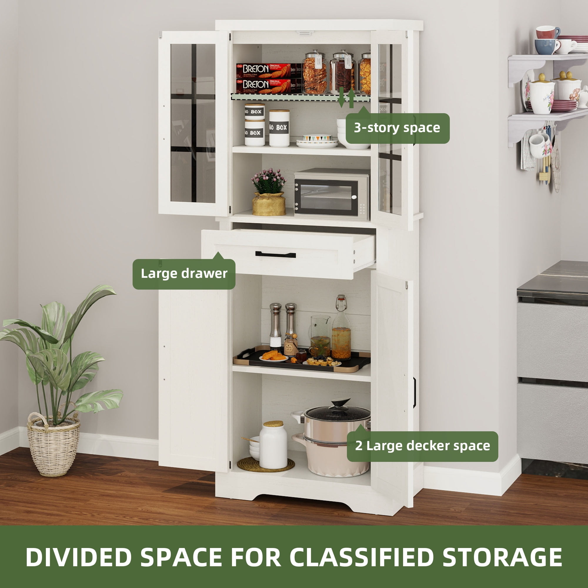 Uforic Kitchen Pantry Cabinet with Doors & Drawer, Storage Cabinet with Shelves, White