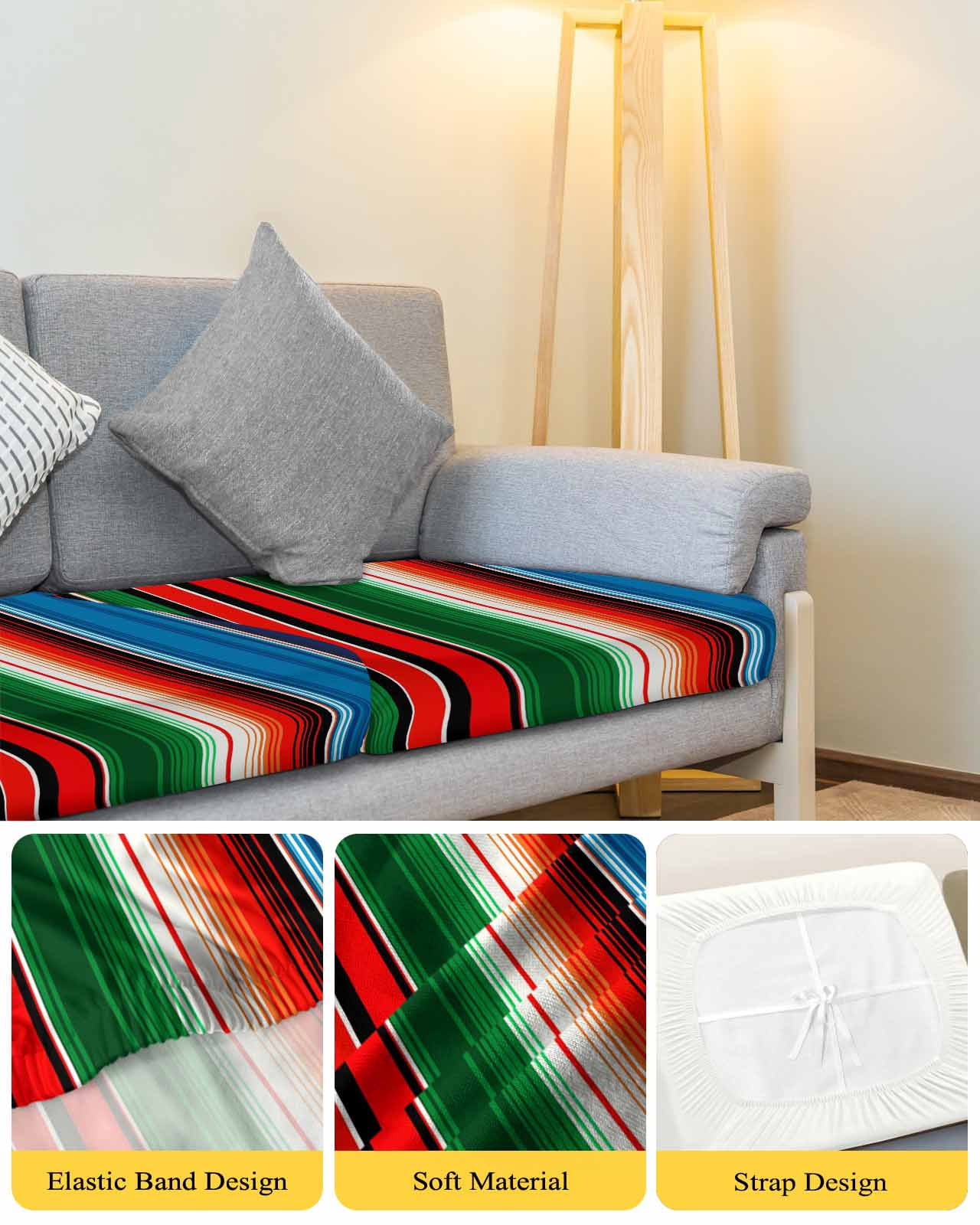Mexican Serape Couch Cushion Covers Stretch, Washable Sofa Seat Covers Individual Seat Cushion Sofa Slipcovers Colorful Stripes Vertical Lines Abstract Couch Cover Furniture Protector S-1PCS