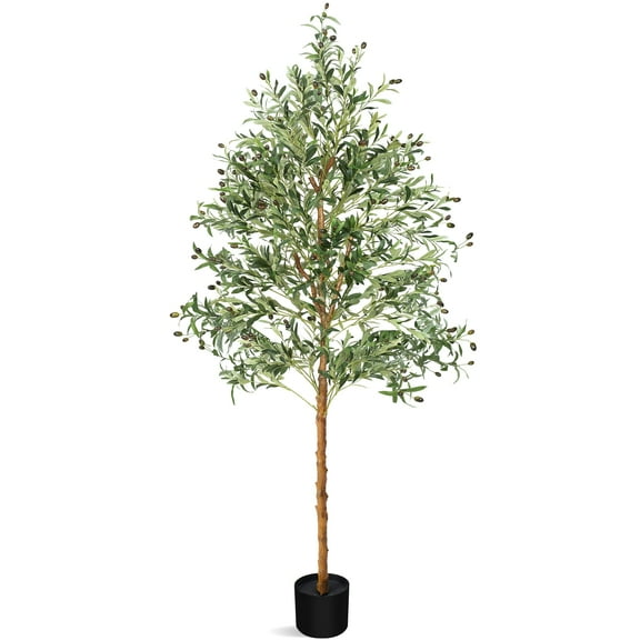 Artificial Olive Tree Indoor 7FT(83") Faux Olive Tree Home Decor Living Room Fake Tree with Lifelike Fruits and Leaves with Real Hay Water Proof (only with black pot)