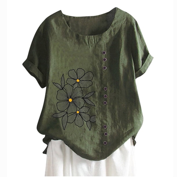 Camiseta Casual de Manga Corta con Botón de Cuello Redondo de las Mujeres, Tops Cortos para las Mujeres