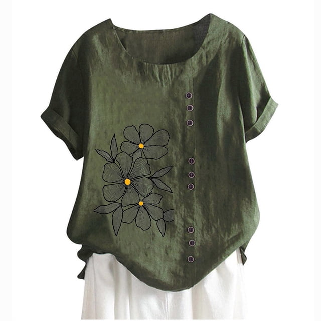 Blouses pour Femmes, T-Shirt d'Été à Col Rond Manches Courtes Mode Décontractée Imprimé Bouton
