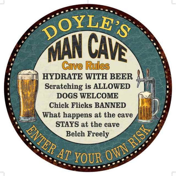 DOYLE'S Man Cave Rules 14" Round Metal Sign Garage Wall Decor 100140009154