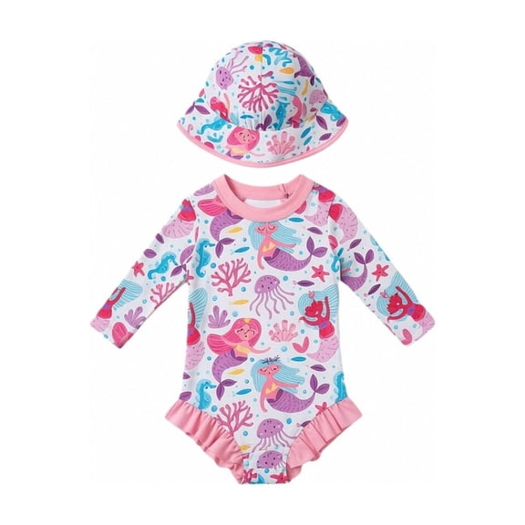 WAYUTE Swimsuit for Girls Long Sleeve Ruffle One Piece Rash Guard with Sun Hat for Baby Swimwear Water Activities