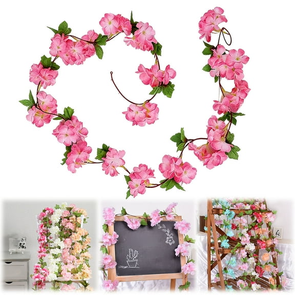 1xArtificial Cherry Blossom Garland Flower Vines Fake Flower Garland,Cherry Blossom Hanging Vine For Home Decor Wedding Wall Decor Pipe Cover,Silk Sakura Vines Garland for Wedding Party Decor,E,90.5"