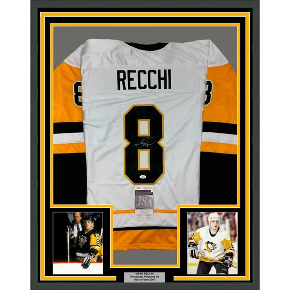 Framed Autographed/Signed Mark Recchi 35x39 Pittsburgh White Hockey Jersey JSA COA