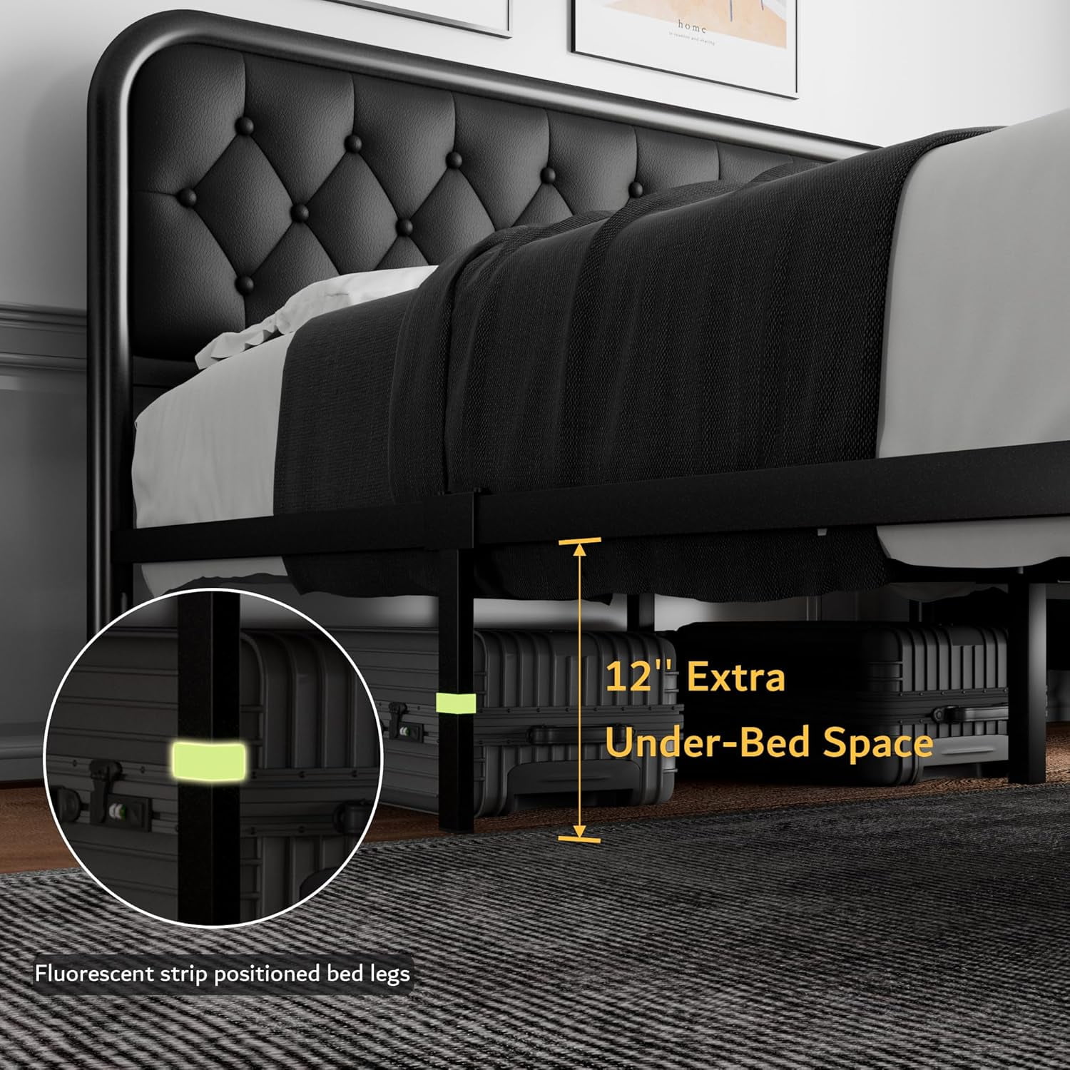 Honfach Full Size Metal Bed Frame with Leather Headboard, Heavy-Duty Platform Bed Frame, Thicker Metal Steel Slats Support, 12'' Under-Bed Space, Black