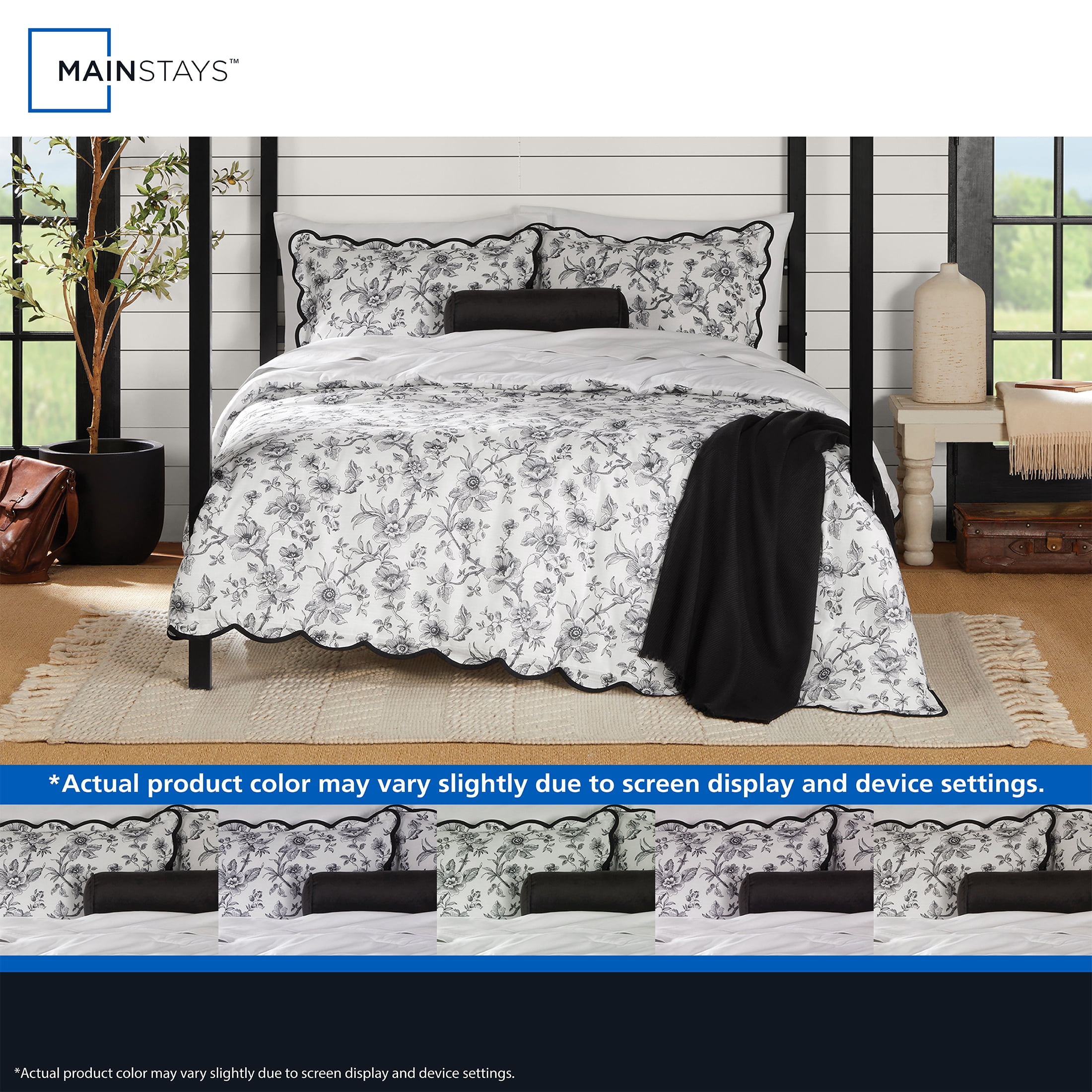 Mainstays Floral Scallop 4-Piece White/Black Comforter Set, Twin/Twin XL
