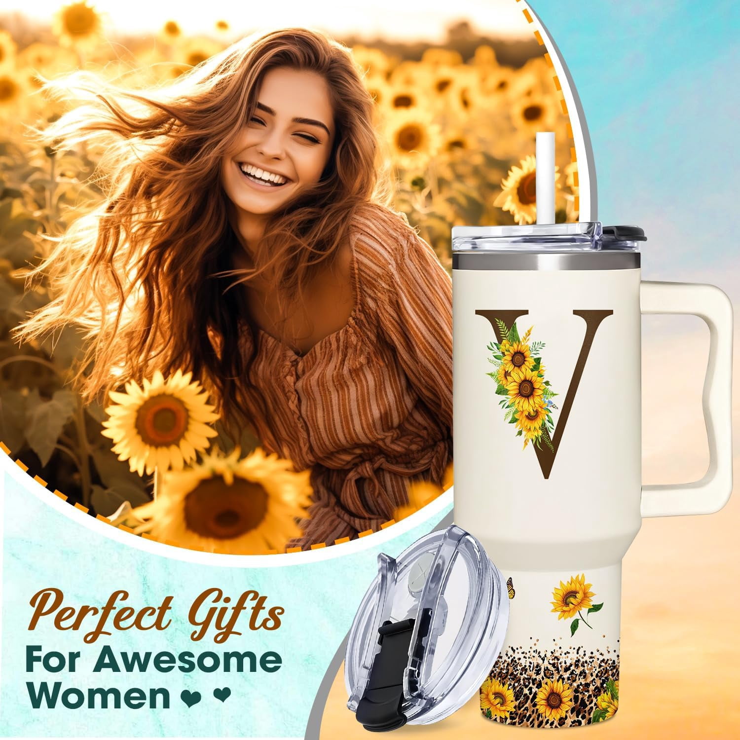 Personalized Birthday Gifts For Women - Sunflowers Monogrammed Cup For Boss Day, Christmas - Customized Gifts For Women, Mom, Wife, Coworkers, Boss Lady, Her - Custom Tumbler With Handle 40oz