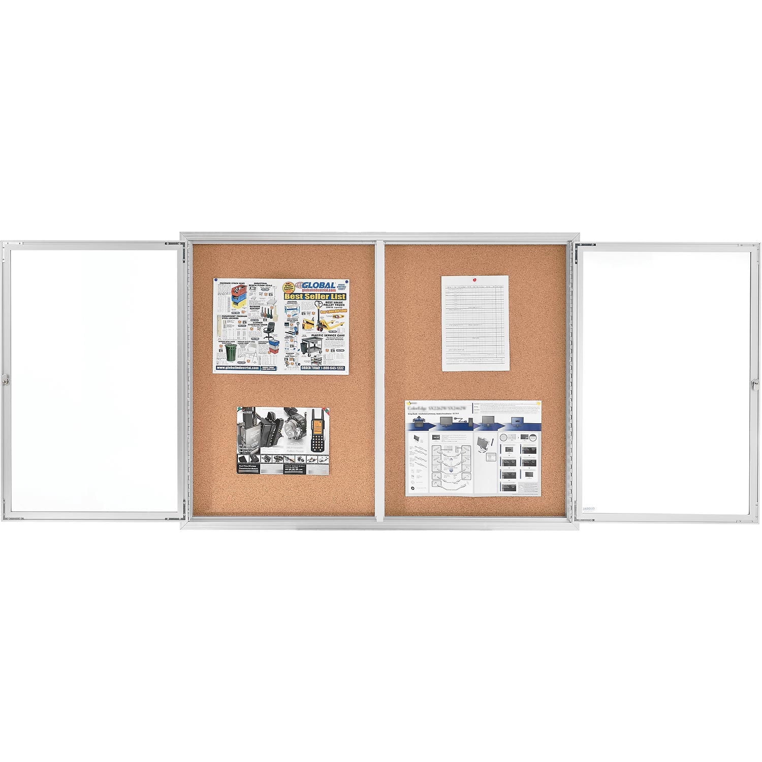 Global Industrial Enclosed Bulletin Board - Cork - Aluminum Frame - 48" x 36" - 2 Door