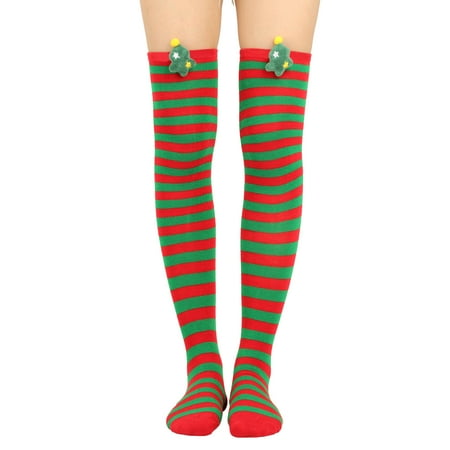 

Sardfxul Women Christmas Over Knee Long Socks Cute 3D Plush Tree Boot Striped Print Thigh High Stockings Holiday Party Hosiery