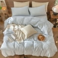 thumbnail image 2 of MooMee Striped Duvet Cover Set Queen 100% Washed Cotton Linen Like Textured Breathable 3-Piece (Cornflower Blue& White Pinstripes), 2 of 6