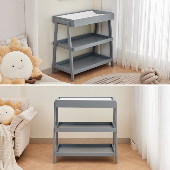 Mesa cambiador portátil de madera para bebé - Almohadilla impermeable - 2 estantes de almacenamiento - Diseño moderno para habitación infantil - Color gris