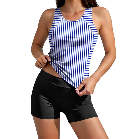 SYMOID Womens Blue & White Striped Tankini Set 2 Piece, Racerback Swimwear with High Waisted Shorts,Size M
