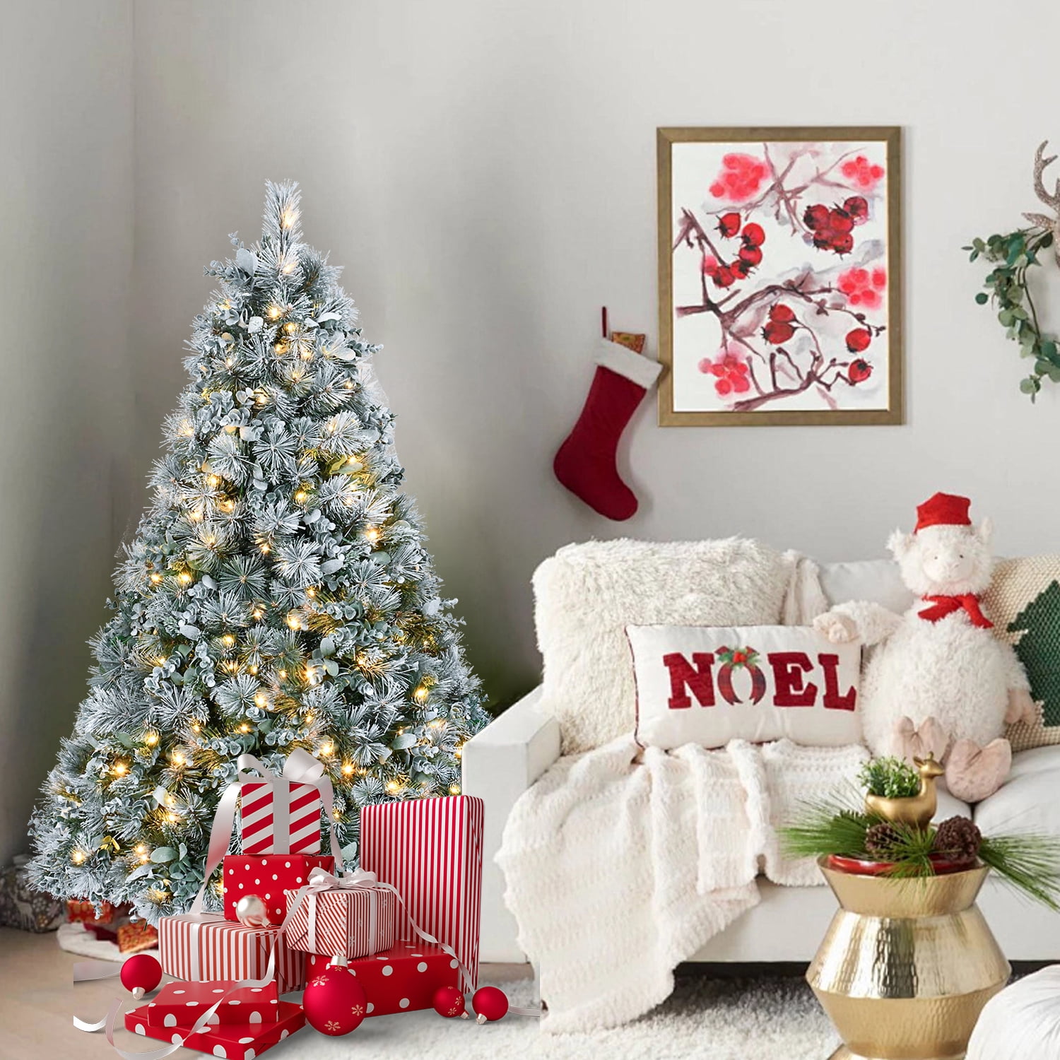 4ft Prelit Flocked Christmas Tree with Eucalyptus Leaves 404 Tips 150 LED Lights Metal Stand Indoor Decor