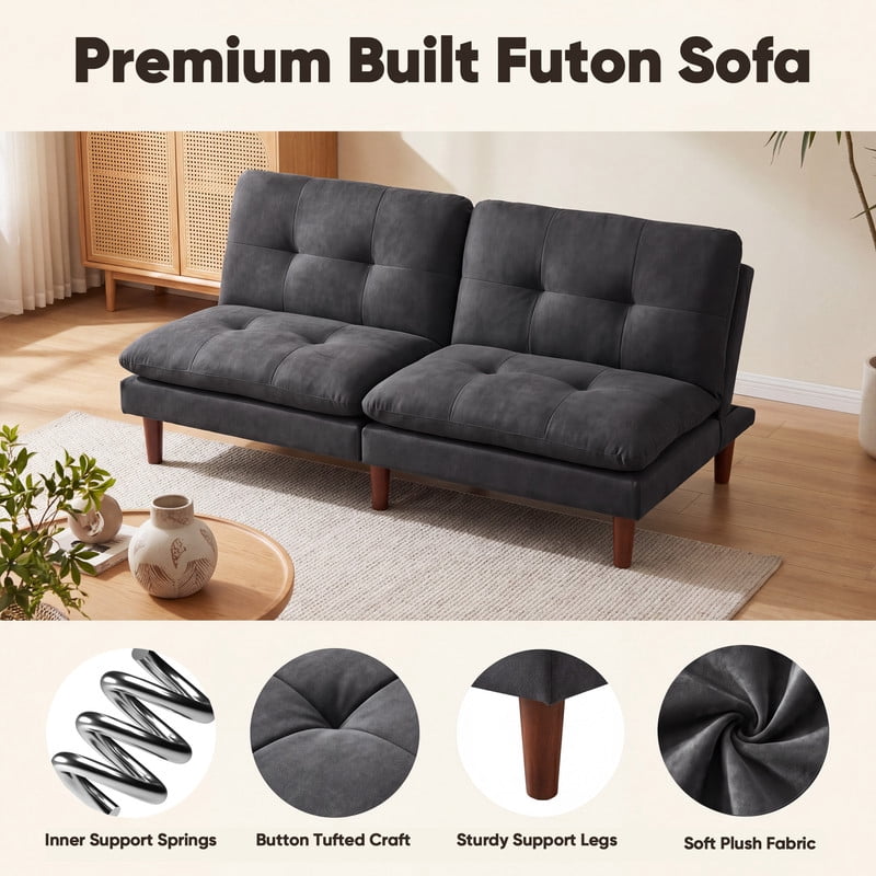 Lacoo Convertible Futon Sofa Bed, 2-Seat Adjustable Upholstered Couch, Gray