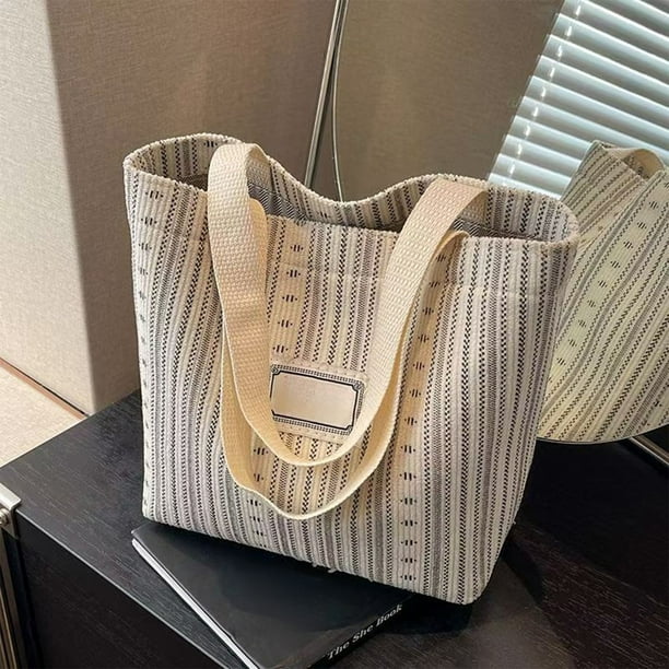 Bolso de Lona para Mujer, Bolso de Hombro a Rayas, Ligero, Resistente, de Tela, Mochila de Gran Capacidad, Ideal para Ir Al Trabajo, Ir Al Aula, Uso Diario Informal | Beige, Gris y Marrón