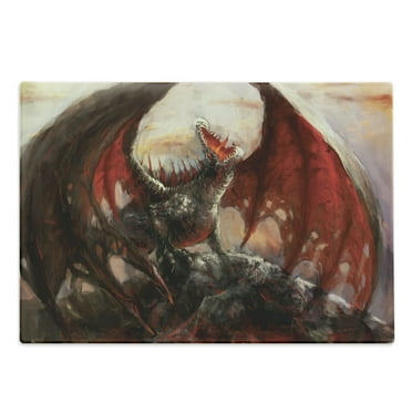 Fantasy World Cutting Board, Majestic Dragon Resting on Mountain Mythological Fire-Spewing Creature Print, Decorative Tempered Glass Cutting and Serving Board, Large Size, Multicolor, by Ambesonne