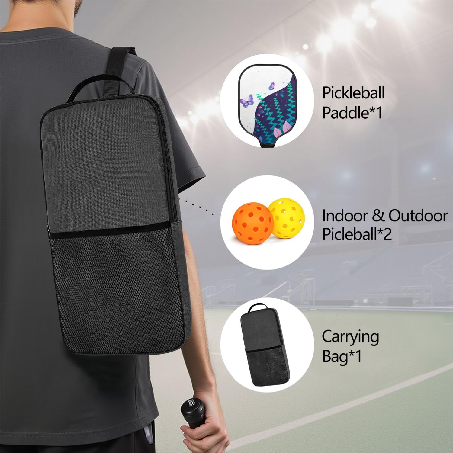 Pickleball Paddles Set Of 1, Fiberglass Surface, Boho Butterfly Decor, 1 Paddle, 2 Balls & Bag