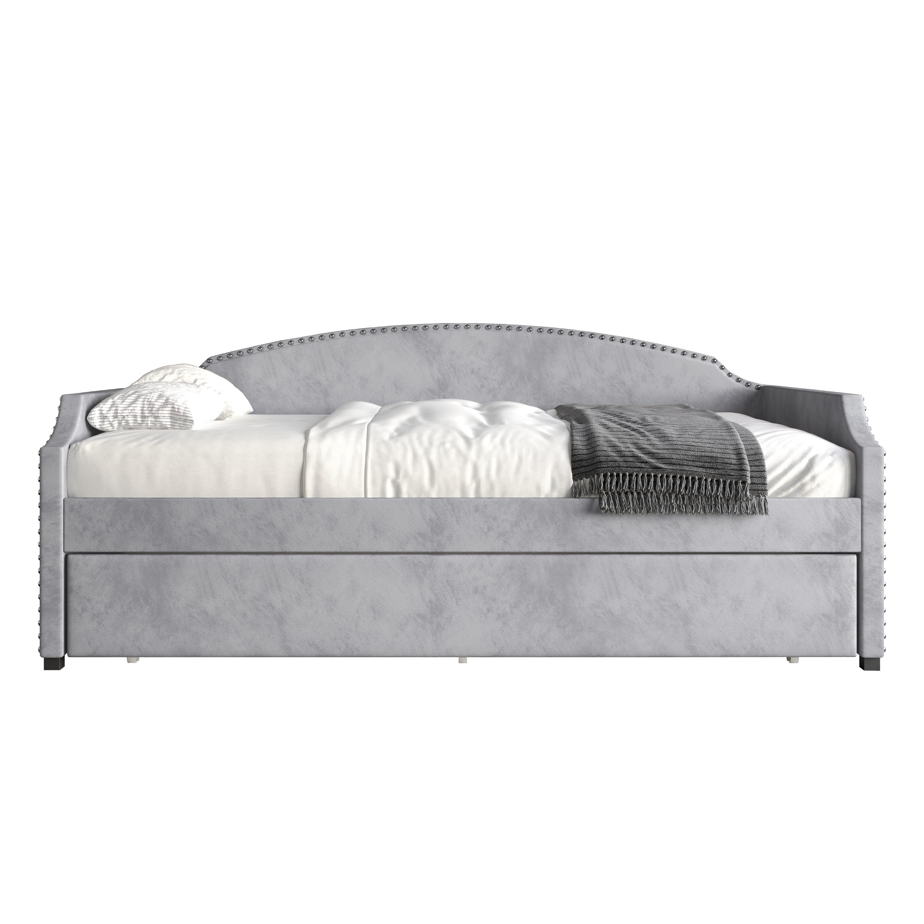 Home Design Kilgore Twin Daybed, Gray Velvet, Scooped Backrest, Chrome Nailhead Trim, Foam Padding, Pull-Out Trundle for Stylish Seating & Sleeping