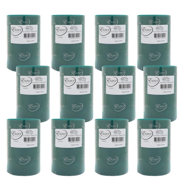 Expo International Tul decorativo mate, rollo/carrete de 6 x 100 yardas, tela ligera de tul de poliéster para tutús, disfraces y decoraciones de fiesta, lavable, fácil de usar, paquete de 12, color ve