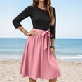 thumbnail image 2 of WTOBBY Women's Solid Color Waistband Round Neck 3/4 Sleeve Dress, Flowy Casual Midi Sundress with Minimalist Elegance for Summer,Pink M, 2 of 5