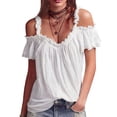 thumbnail image 2 of Summer Cold Shoulder Shirts for Women Boho V-Neck Short Sleeve Top Ruffled Casual Blouse Going Out Outfits for Vacation and Everyday, 2 of 4