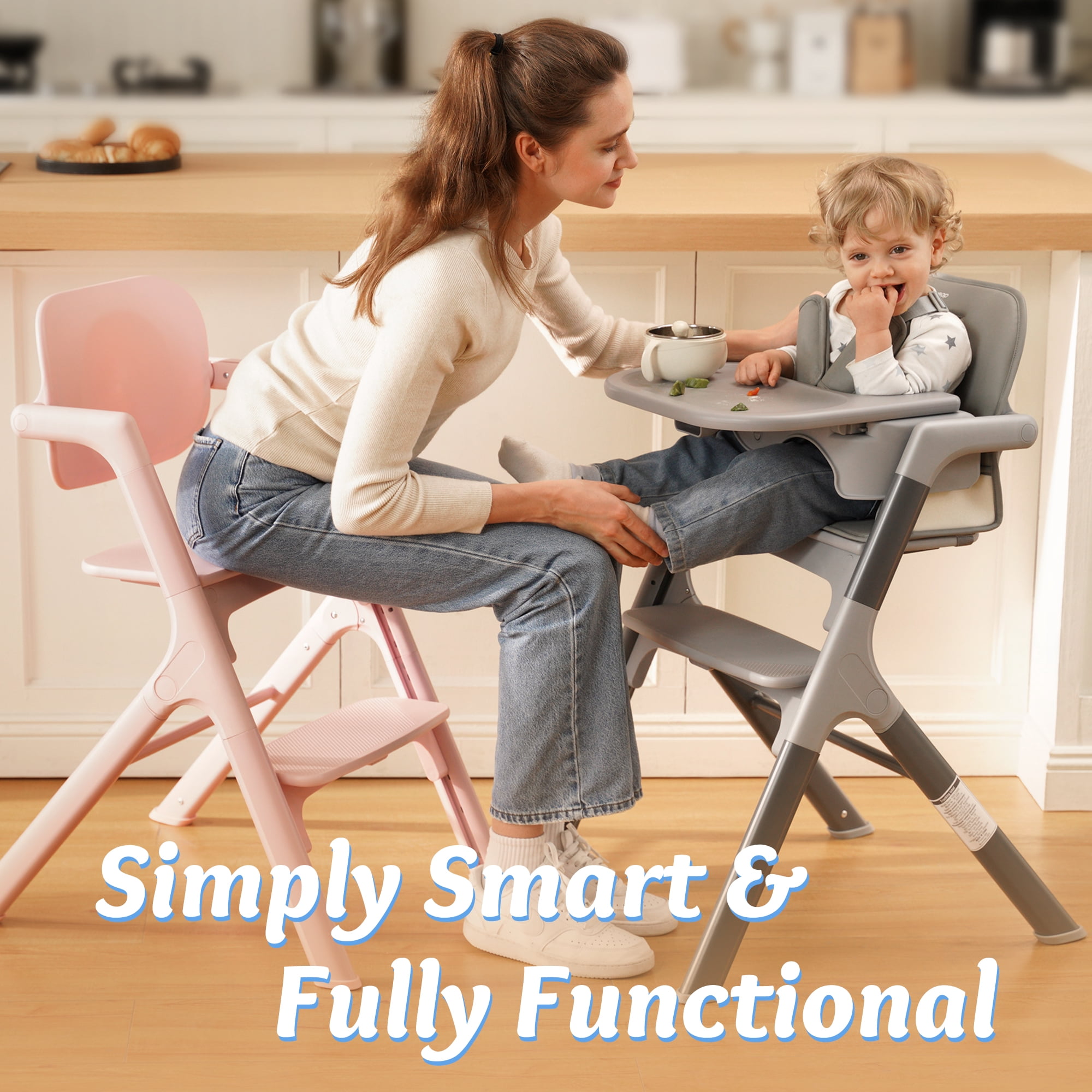 Babyeap 4in1 Convertible Baby High Chair, Transitions from Baby to Adult Stool, 8-Level Adjustable, Foldable, Removable Tray, Gray