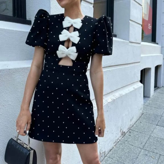QUNYINEY Bodycon Cocktail Dresses for Women Plus Size Formal Puff Short Sleeve Cut Out Polka Dot Mini Dresses Crew Neck Summer A Line Slim Fit Dresses