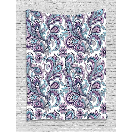 Floral Leaf Hanging Fixture - Paisley Tapestry, Blue and Purple Flowers Leaves Floral Pattern Bohemian Style Country Print, Wall Hanging for Bedroom Living Room Dorm Decor, White Purple Blue, by Ambesonne
