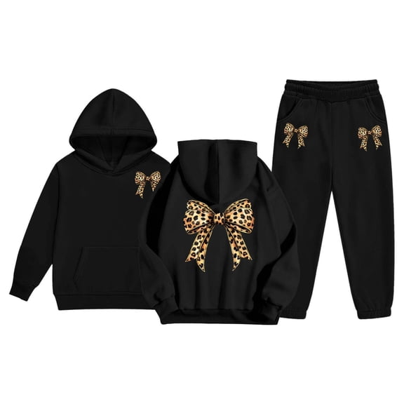 SonxaHe Toddler Girl' Outfits Leopard Bow Print Long Sleeve Hoodie Sweatpants Sports Athletic Loose Spring Outfits for Kids Black,Size 2-3 Y