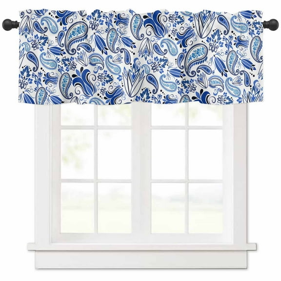 Hokiten Rod Pocket Curtain Valance, Boho Blue Floral Farmhouse Window Valance for Living Room, Bedroom, Kitchen Farmhouse Botanical Vintage Paisley Flower 42"W x 18"L