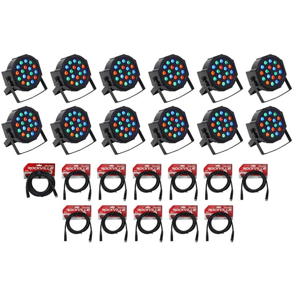 (12) Rockville RockPAR50 LED RGB Compact Par Can DJ/Club DMX Wash Lights Cables