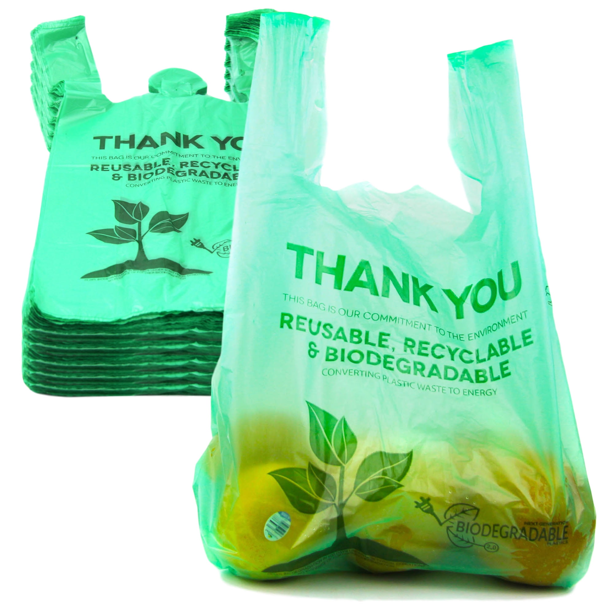 1/6 Size Biodegradable Plastic T-Shirt Bags Green Printed Standard 500 Case 