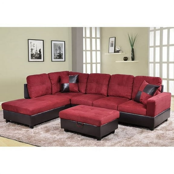 PonLiving 103.5" Wide Corner Microfiber Sectional Sofa with Storage Ottoman & Matching Pillows Left Hand Facing, Red