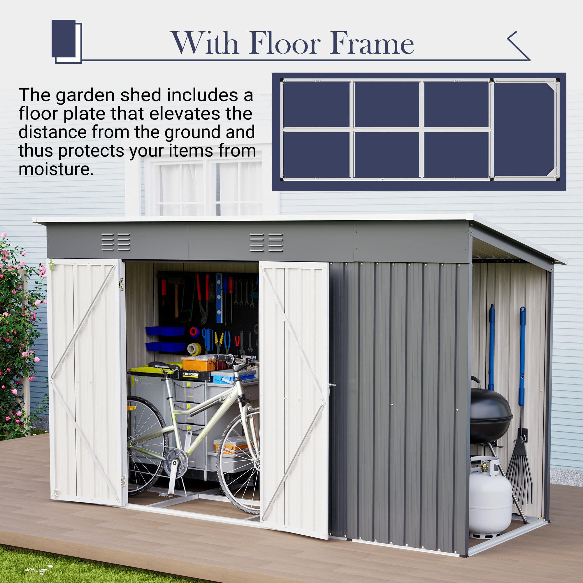 Leumius 10x4Ft Outdoor Metal Storage Shed with Lockable Door with Floor Frame for Patio Backyard Garden Gray