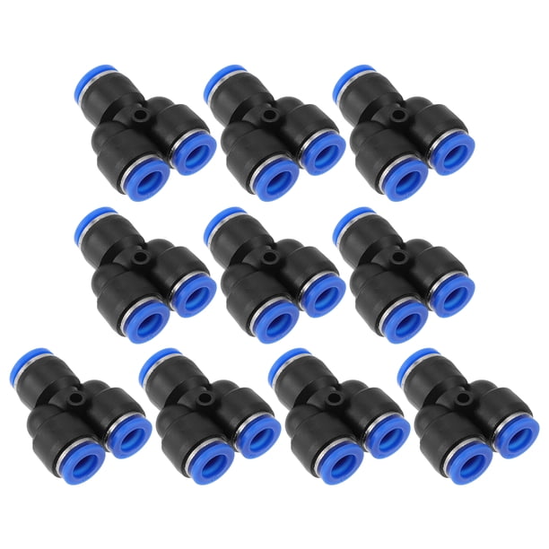Conectores de aire de empuje 1/2"x3/8"x3/8" en forma de Y, conector rápido de línea de aire de plástico, 10 piezas, tono azul, negro y plateado.