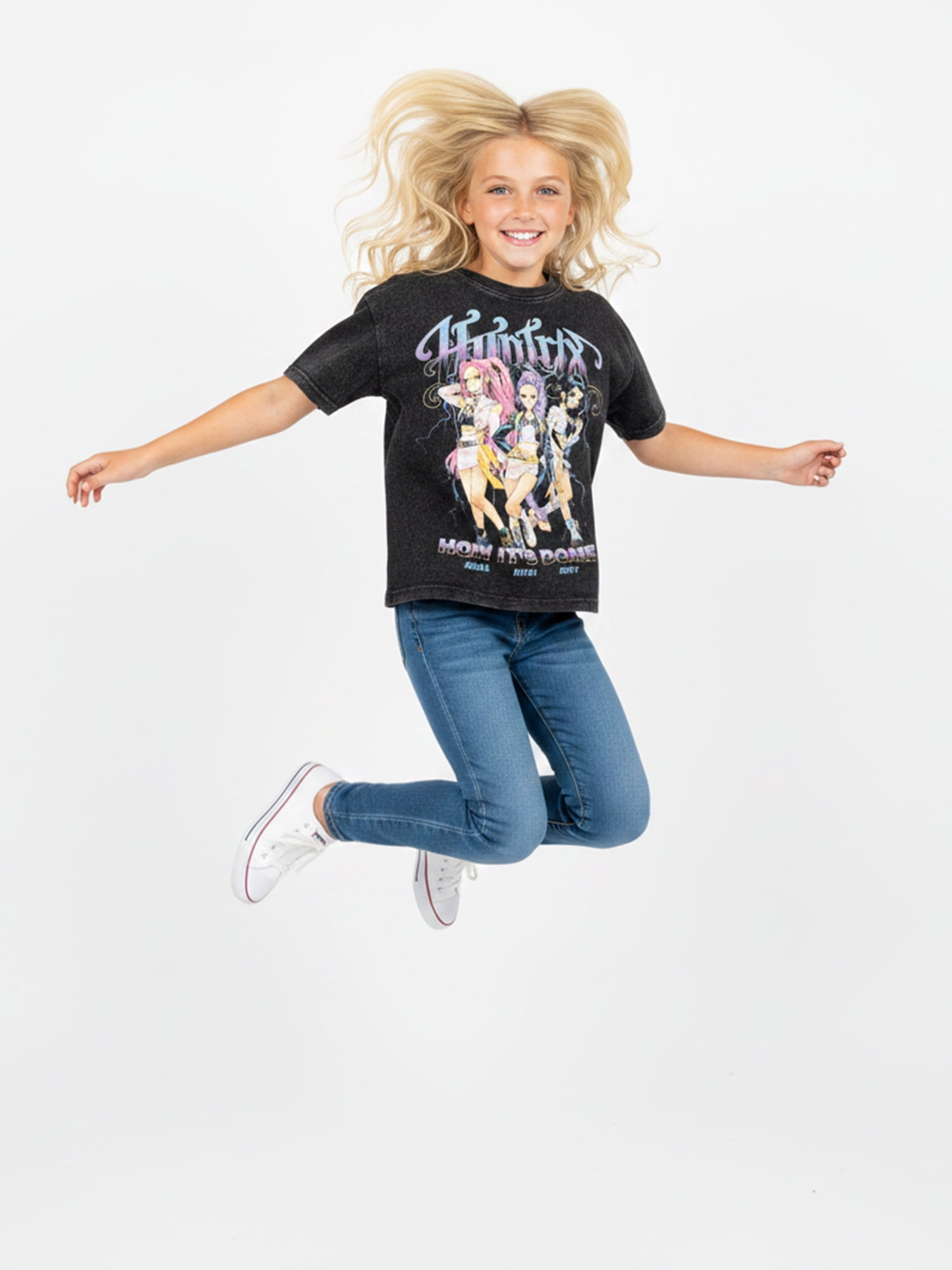 K Pop Demon Hunters Girl’s Boxy Mineral Washed Halloween Crewneck Tee with Short Sleeves, Sizes 4-16