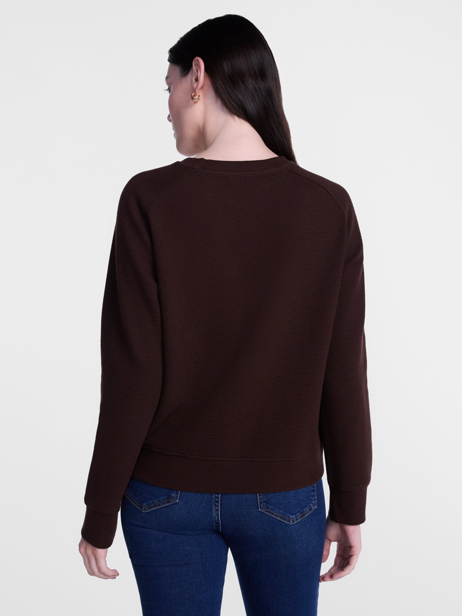 Scenario Women's Waffle Knit Crewneck Tee with Long Sleeves, Sizes XS-XXXL