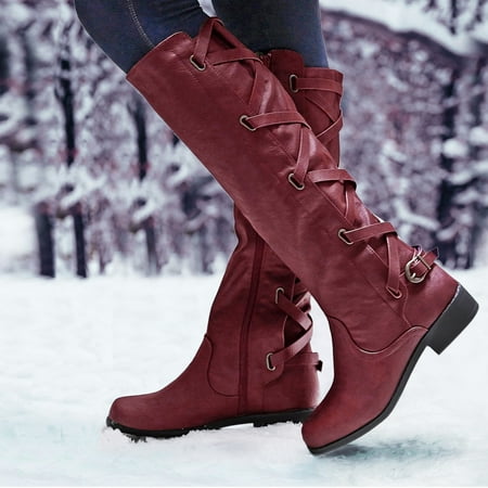 

Long Boots Knee-High Heel Boots For Women Flat Mid-calf Boots Retro Shoes Leather Warm Boots