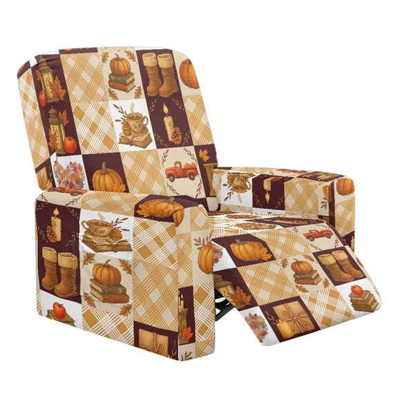 HELLHERO Recliner Stretch Sofa Slipcover Checkered Pumpkin Print Cover for Recliner Chair with Foot Rest Anti Slip Reclining Couch Slipcovers for Thanksgiving Decor
