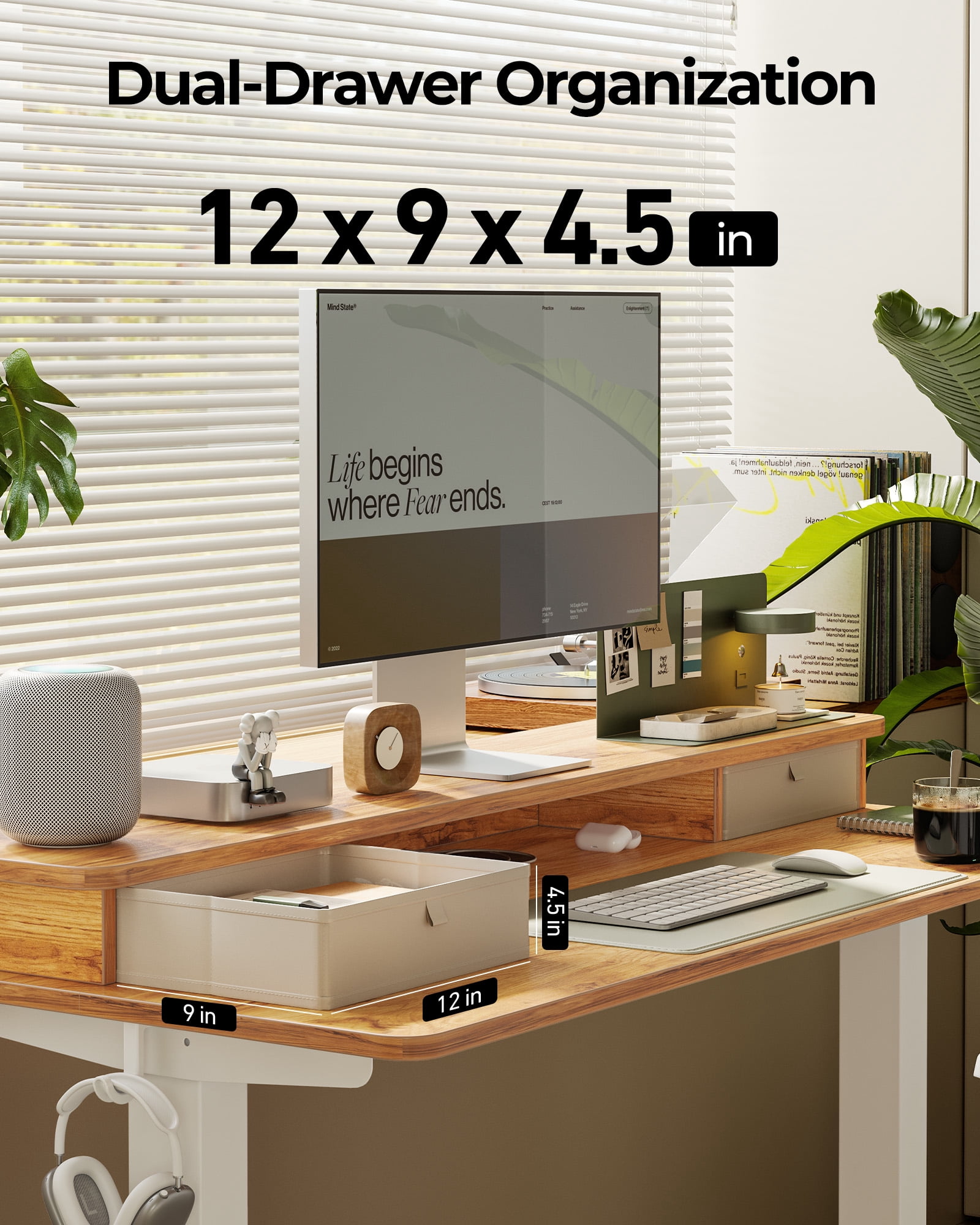 DESINO 55" x 24" Height Adjustable Electric Standing Desk with Double Drawers, Stand Up Desk with Storage Shelf, Home Office Desk Workstation with Splice Board, Light Rustic Brown