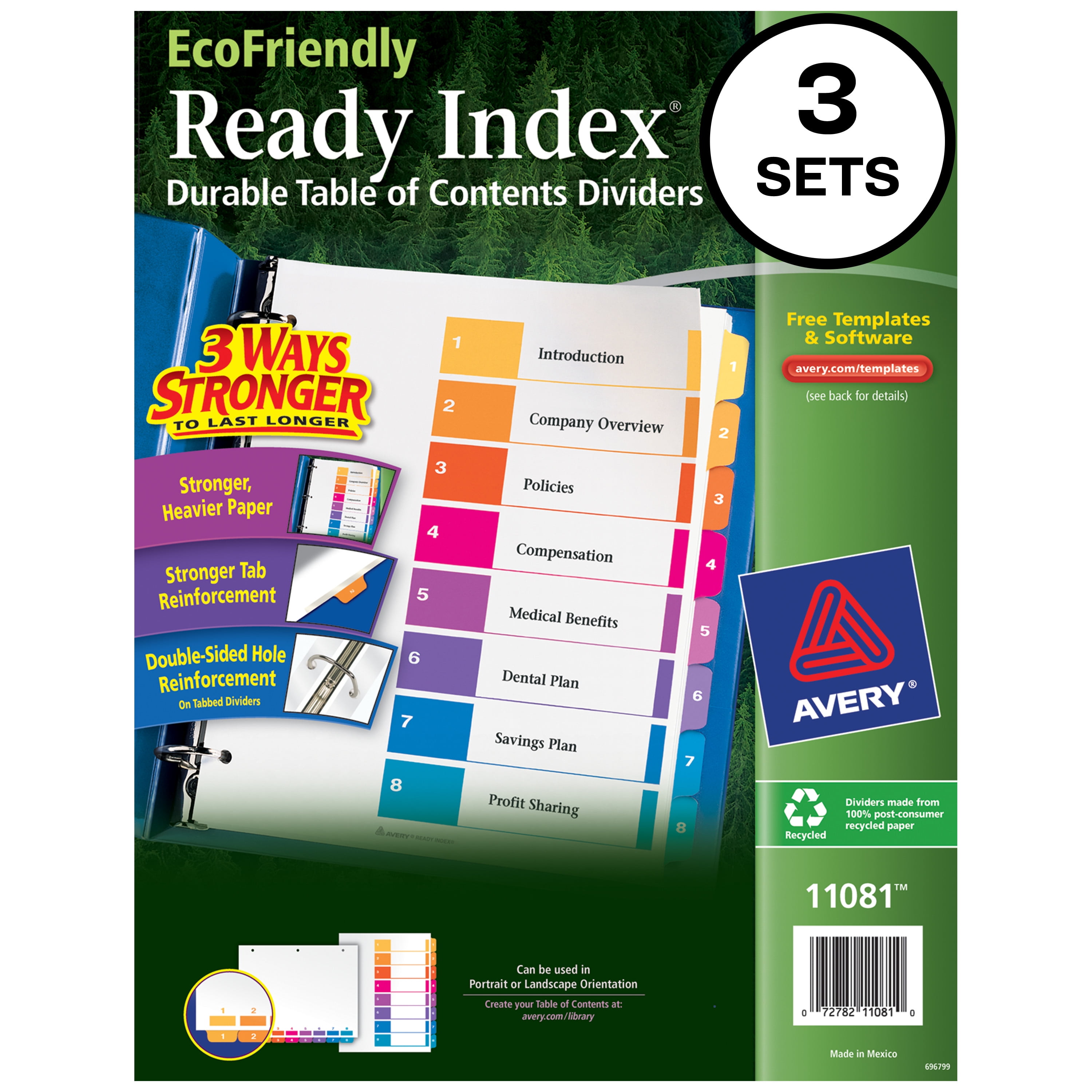 Avery Ready Index Eco-Friendly 8 Tab Binder Dividers, Customizable Table of Contents, 3 Sets (11081)
