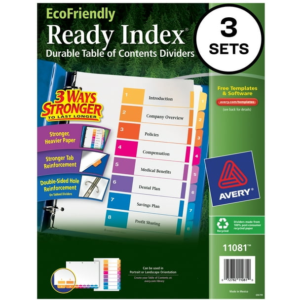 Avery Ready Index EcoFriendly 8 Tab Binder Dividers, Customizable