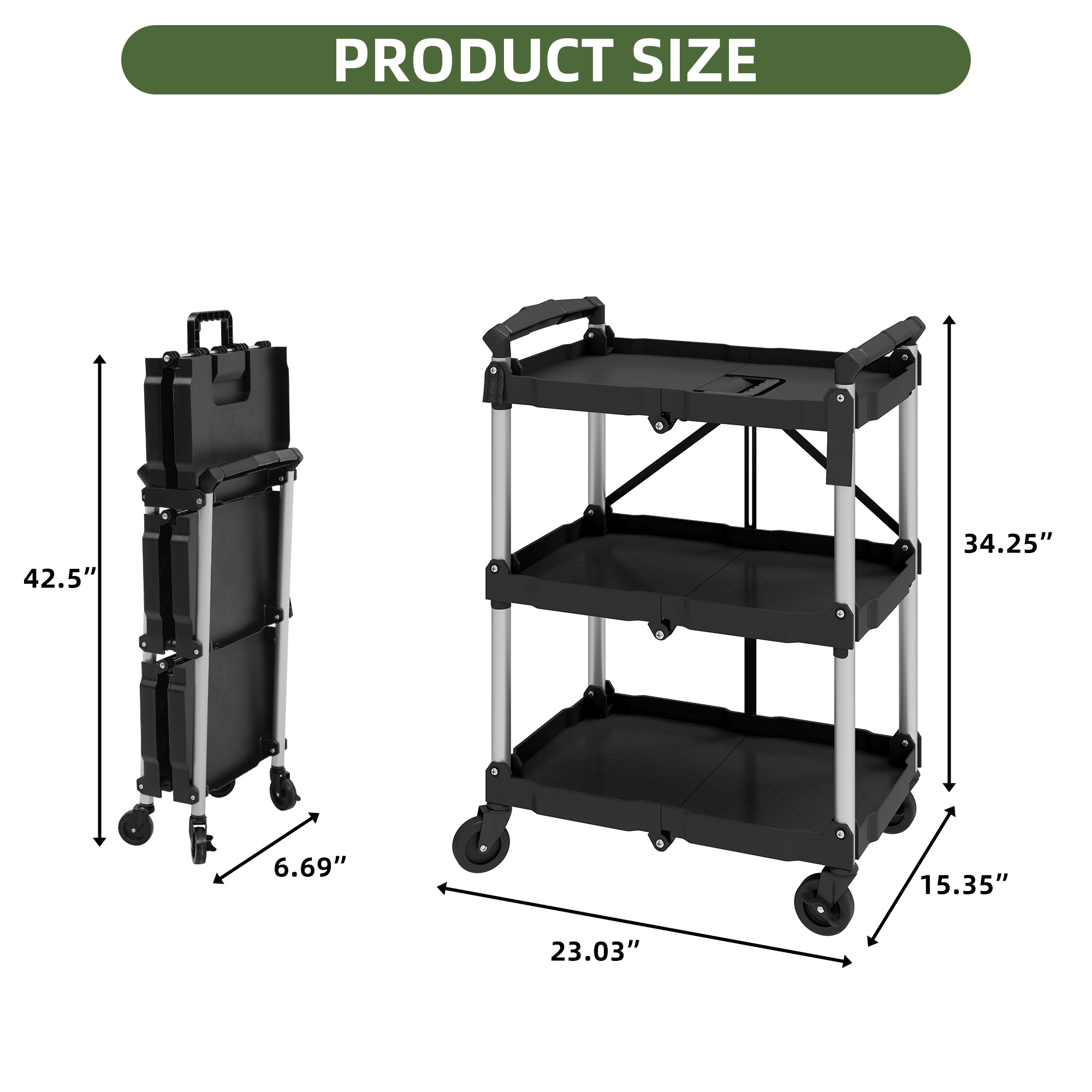 Uforic 3-Tier Collapsible Utility Cart with 360° Swivel Wheels, 115 lb Load Capacity per Shelf, Portable for Home and Office