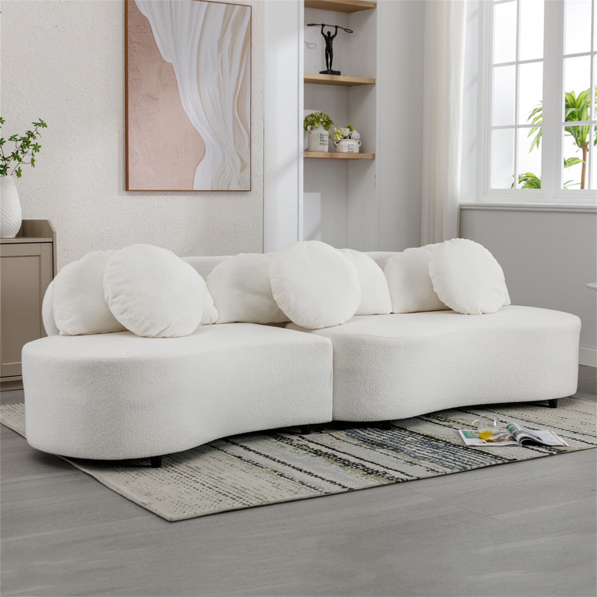 Aukfa Modern Living Room Curved Upholstered Couch, Sectional Sofa w/ 6 Pillows, Lamb Velvet, Beige