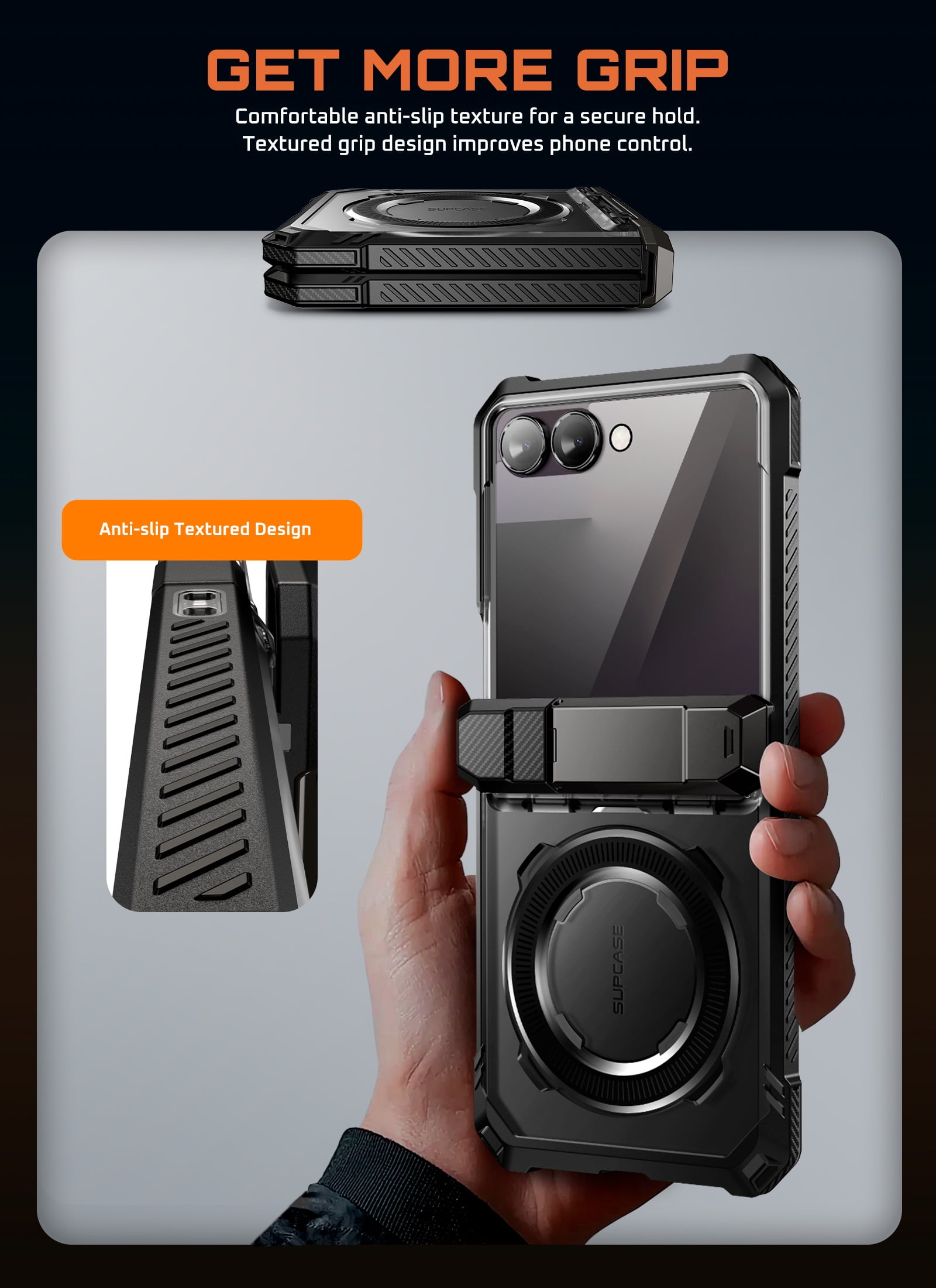SUPCASE for Samsung Galaxy Z Flip 7 Magnetic Case with Stand & Front Screen Protector, Built-in N52 Magnets [Support MagSafe] Hinge Protection Full Body Military-Grade Rugged Back Phone Cover, Black