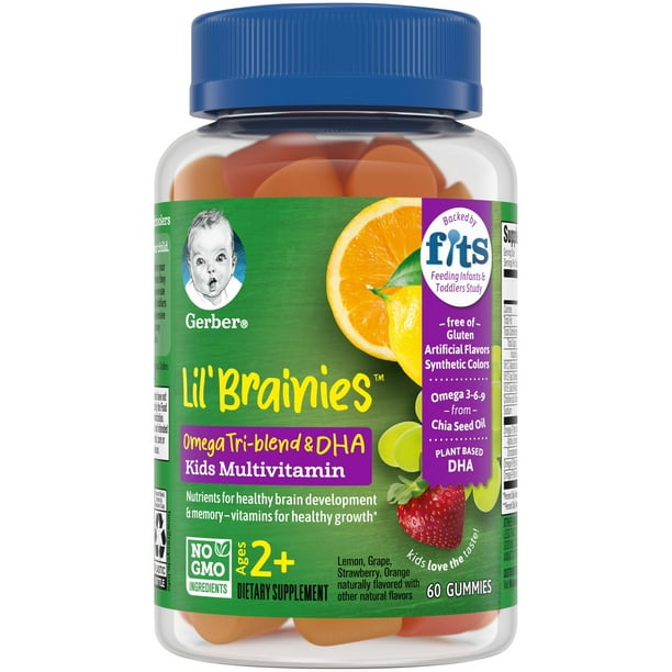 Gerber Lil' Brainies Omega TriBlend & DHA Kids Multivitamin Gummies, 60 Count