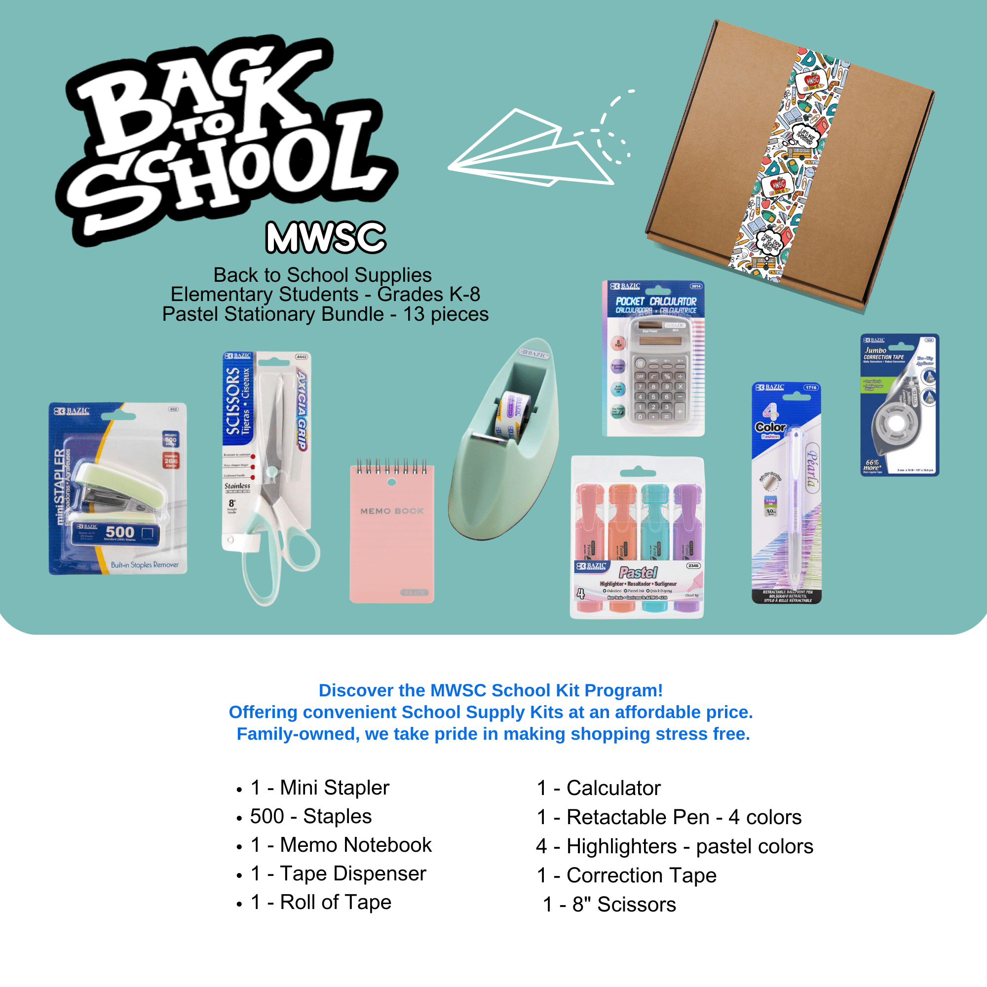 MWSC Office Supplies and Desk Accessories Bundle, Pastel Colors Stationery, 13 Count Per Pack